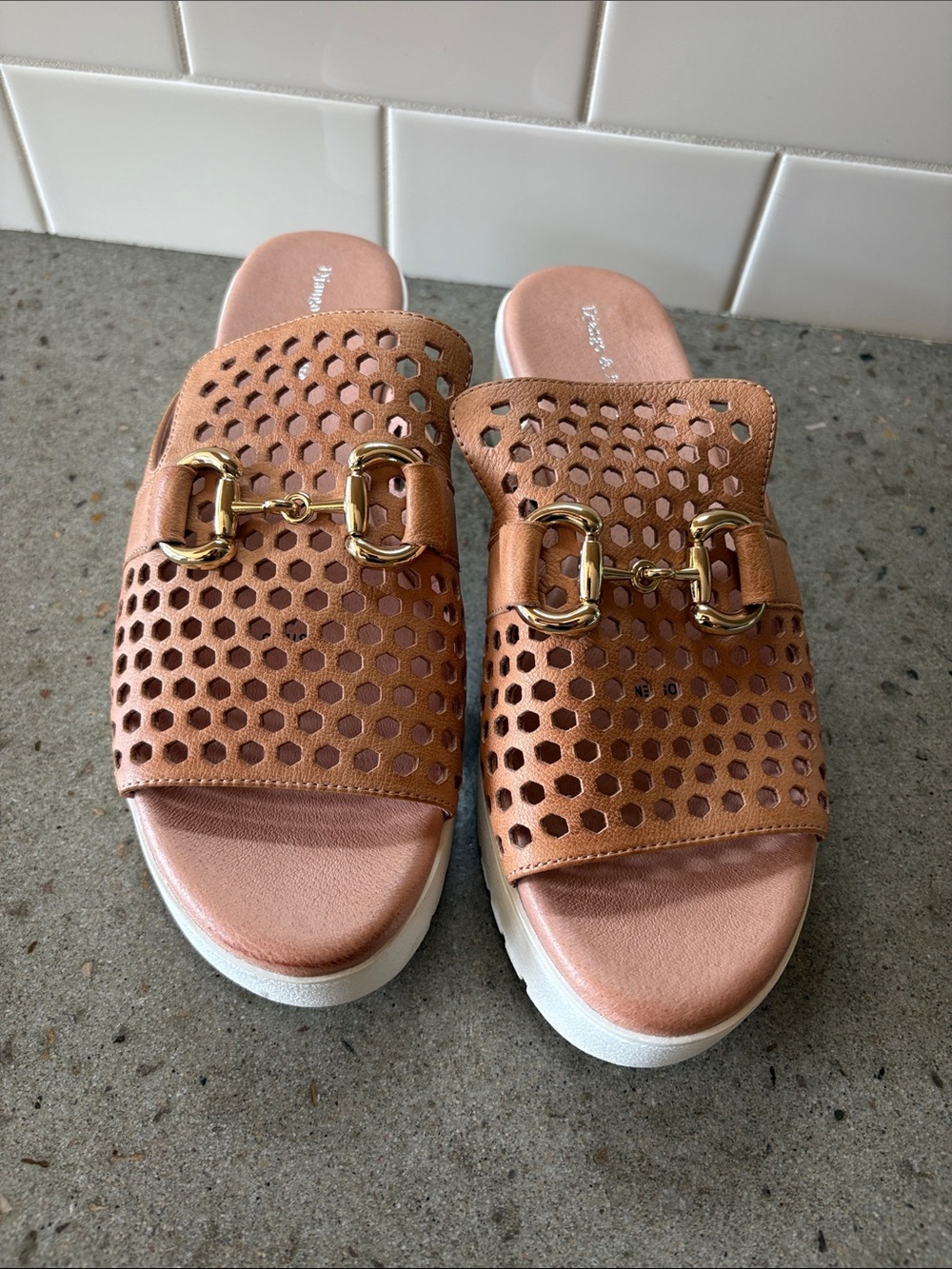 Django & Juliette Tan Leather Perforated Wedge Slide Sandals